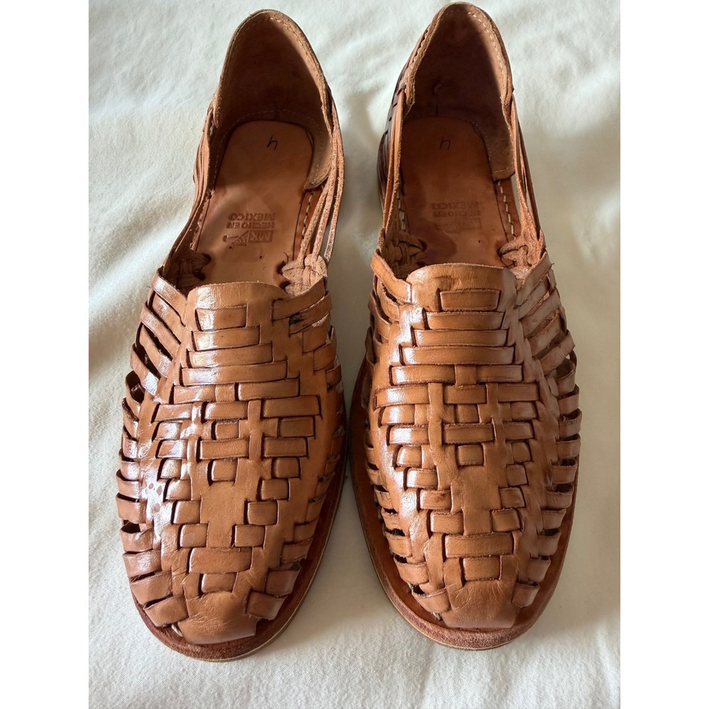 Handmade Mexican Leather Huarache Sandals Tan Woven Flat Slip On Shoes Women - Picture 3 of 7